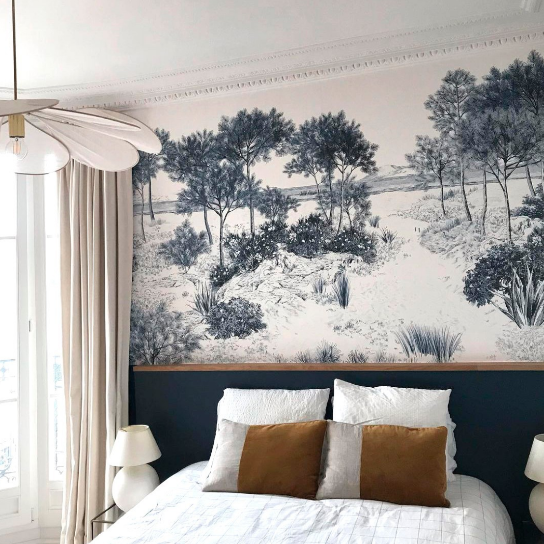 Papier peint panoramique fleurs chambre, tapisserie tête de lit